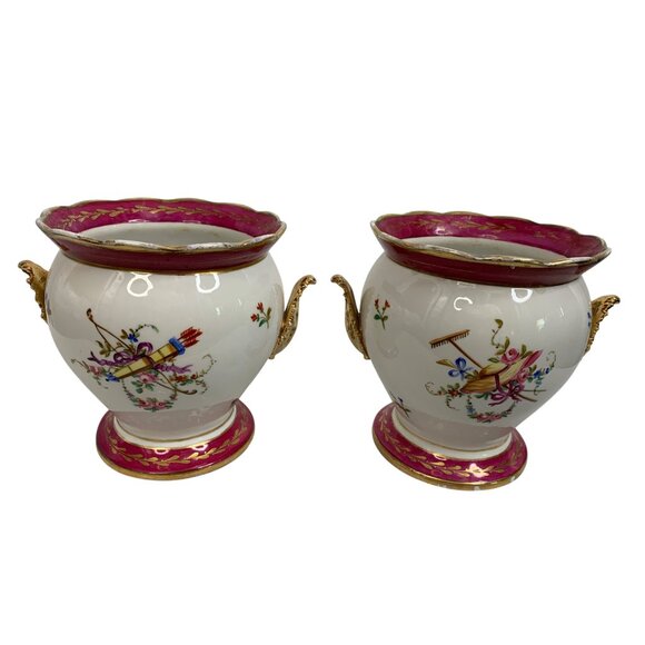 VTG French Ceramic Pots Set Of Two 6" H X 5.5" Dia Gold Filigree Birds G10530 - Picture 5 of 9